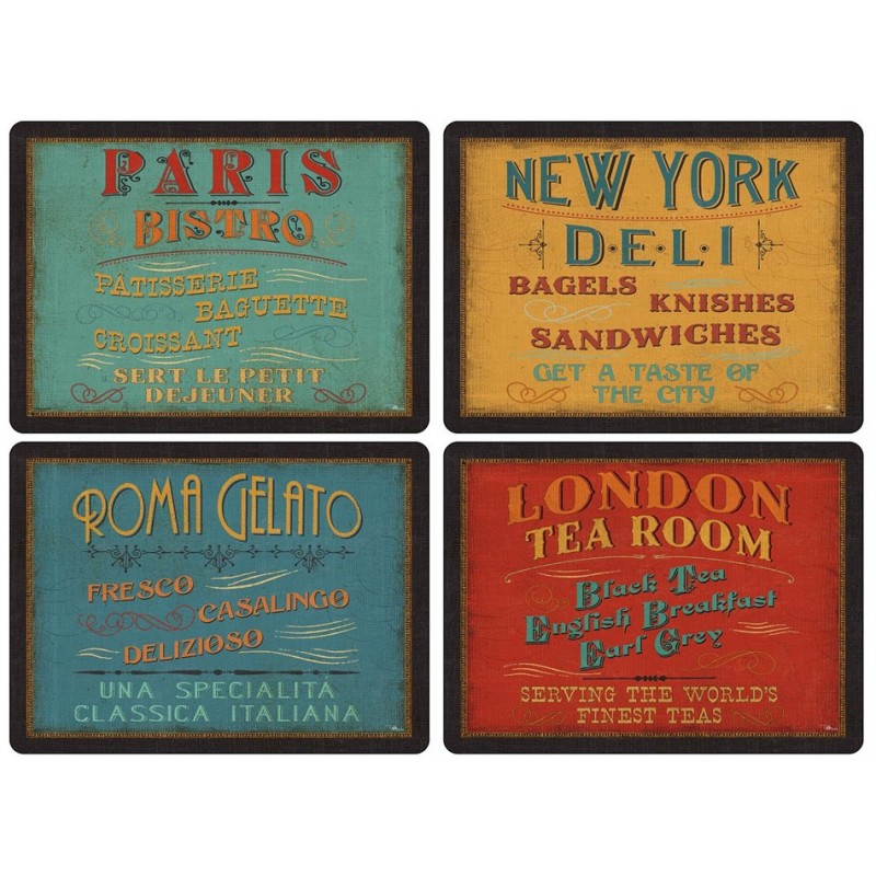 Pimpernel Lunchtime UK Large Tablemats 4 different retro cafe signs
