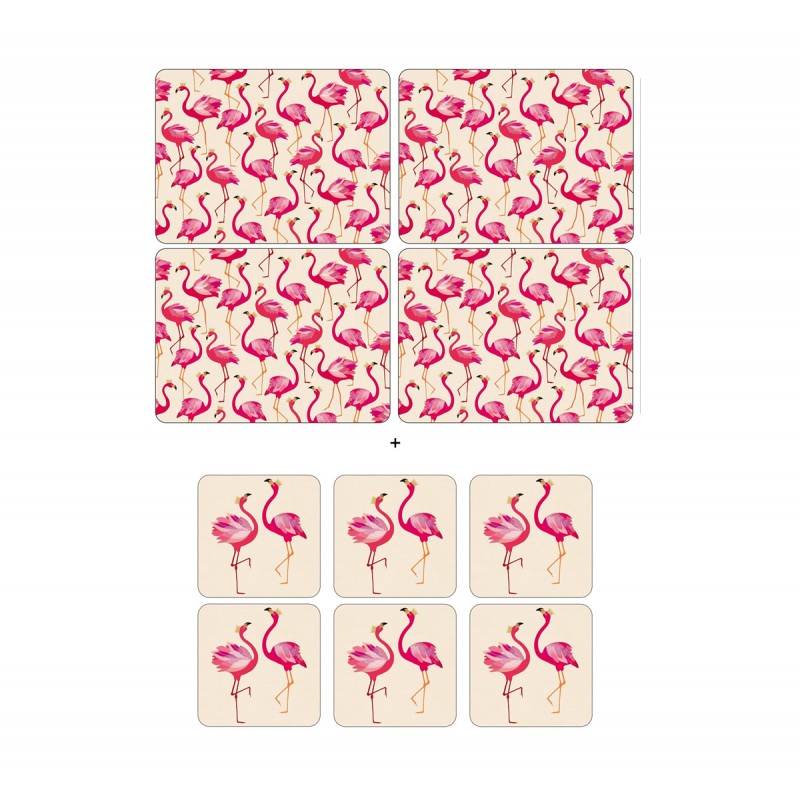 Pack 4 Sara Miller Flamingo placemats and 6 Flamingo coasters