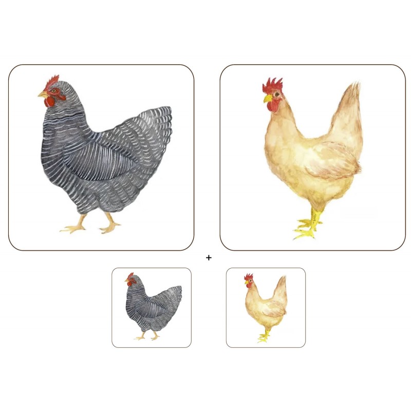 Melamine animal coasters and table placemats UK made Chicken and Hen set