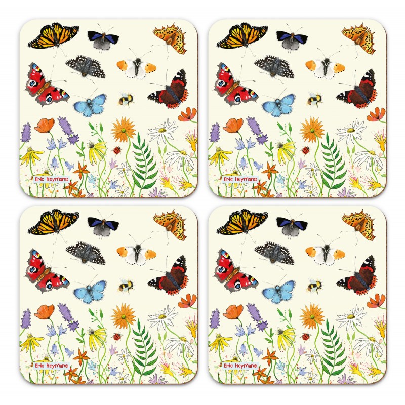 Set of four floral Emma Ball Butterfly design drinks coasters