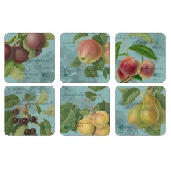 Hookers Fruit Teal drinks coasters from Pimpernel, assorted fruit designs on a blue teal background