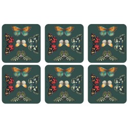 Harmony Butterfly design colourful coasters from the Botanic garden tableware range, square with a dark green background. All 6